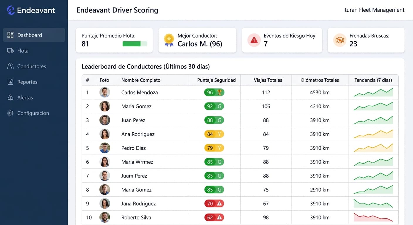 Dashboard de scoring de conductores — ranking y métricas de seguridad