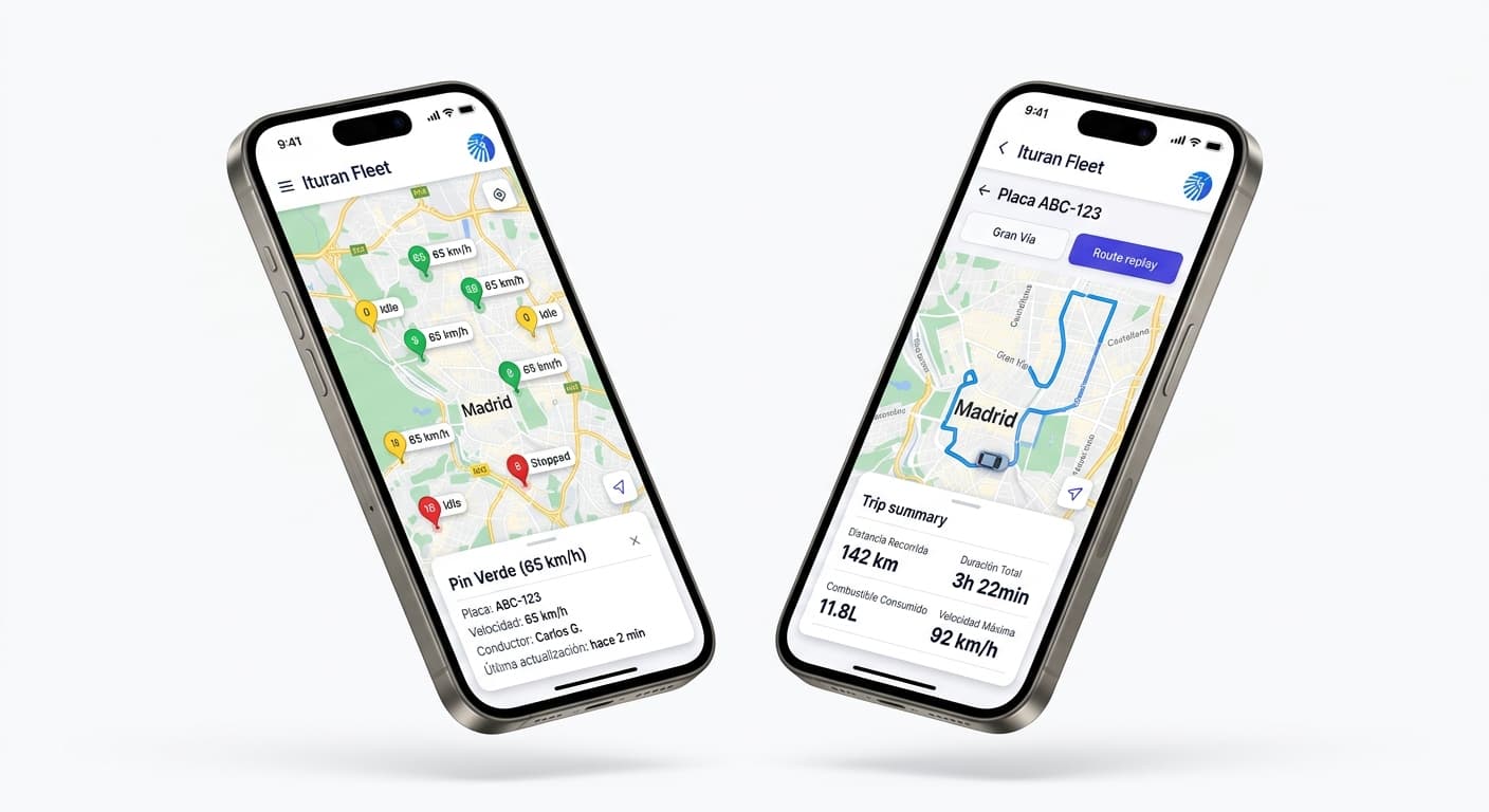 App móvil Ituran Fleet — rastreo y resumen de viajes