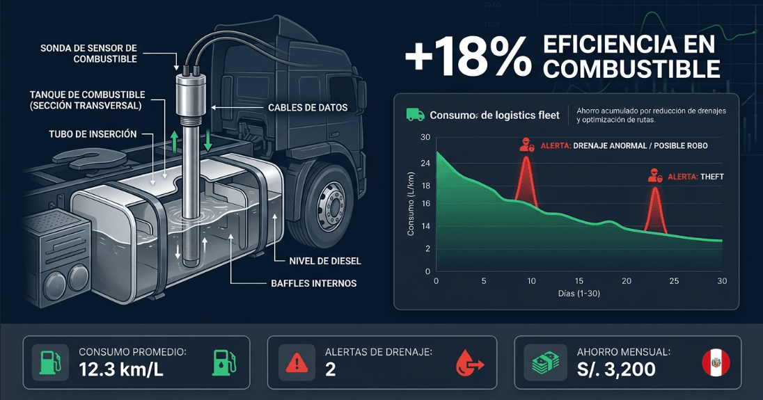 Control de combustible — sensor, gráficos de consumo y detección de robo