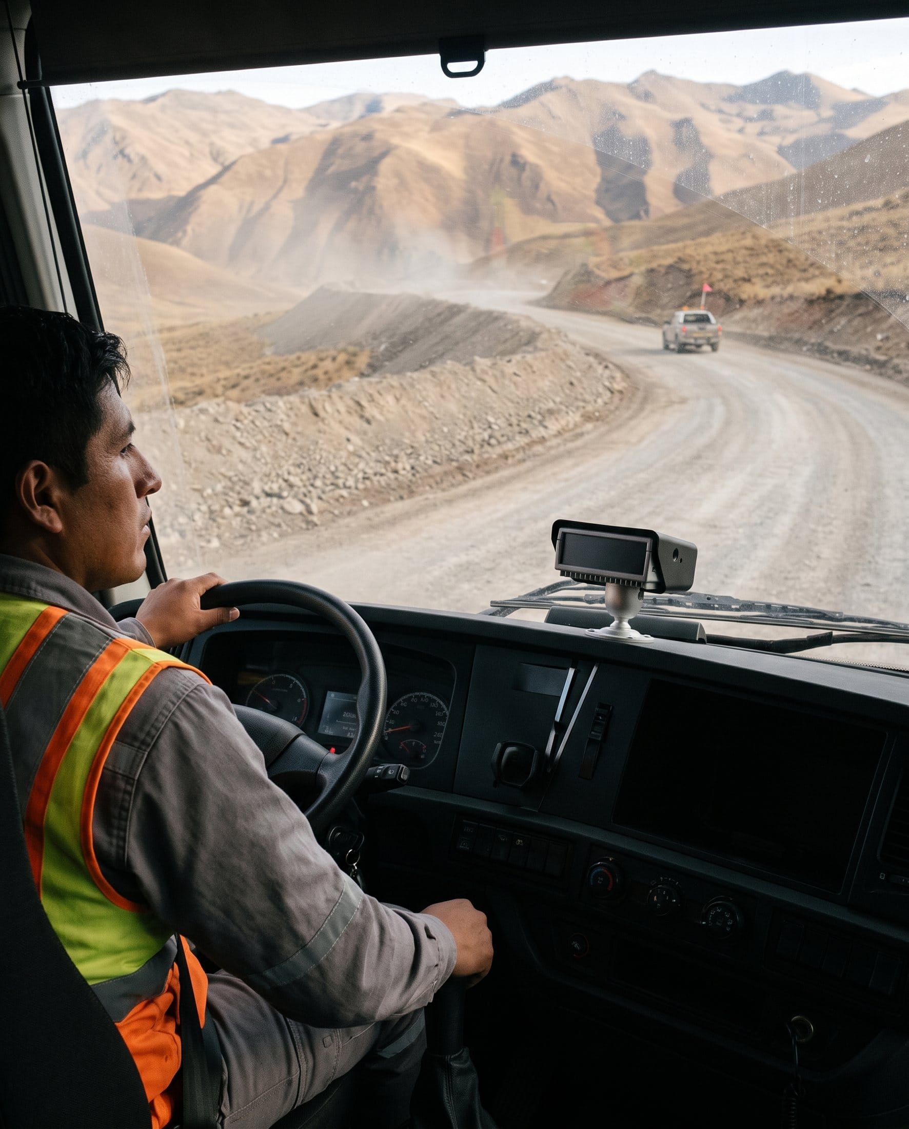 Operator in an equipment cab at a high-altitude site
