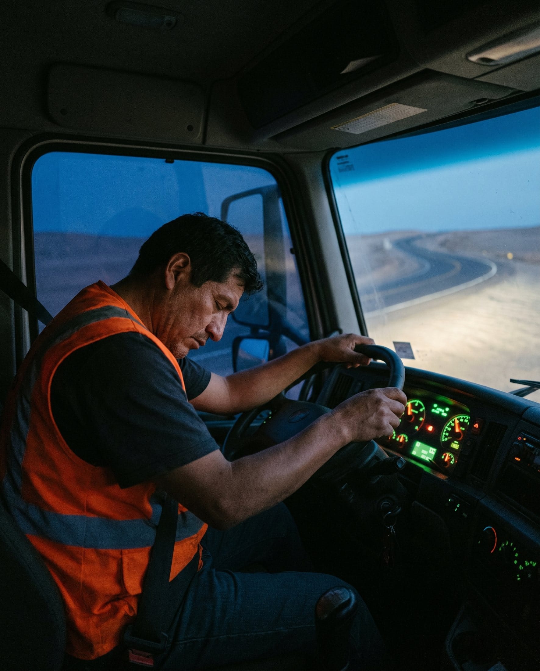 Conductor de camión mirando hacia el tablero, fuera de la vía