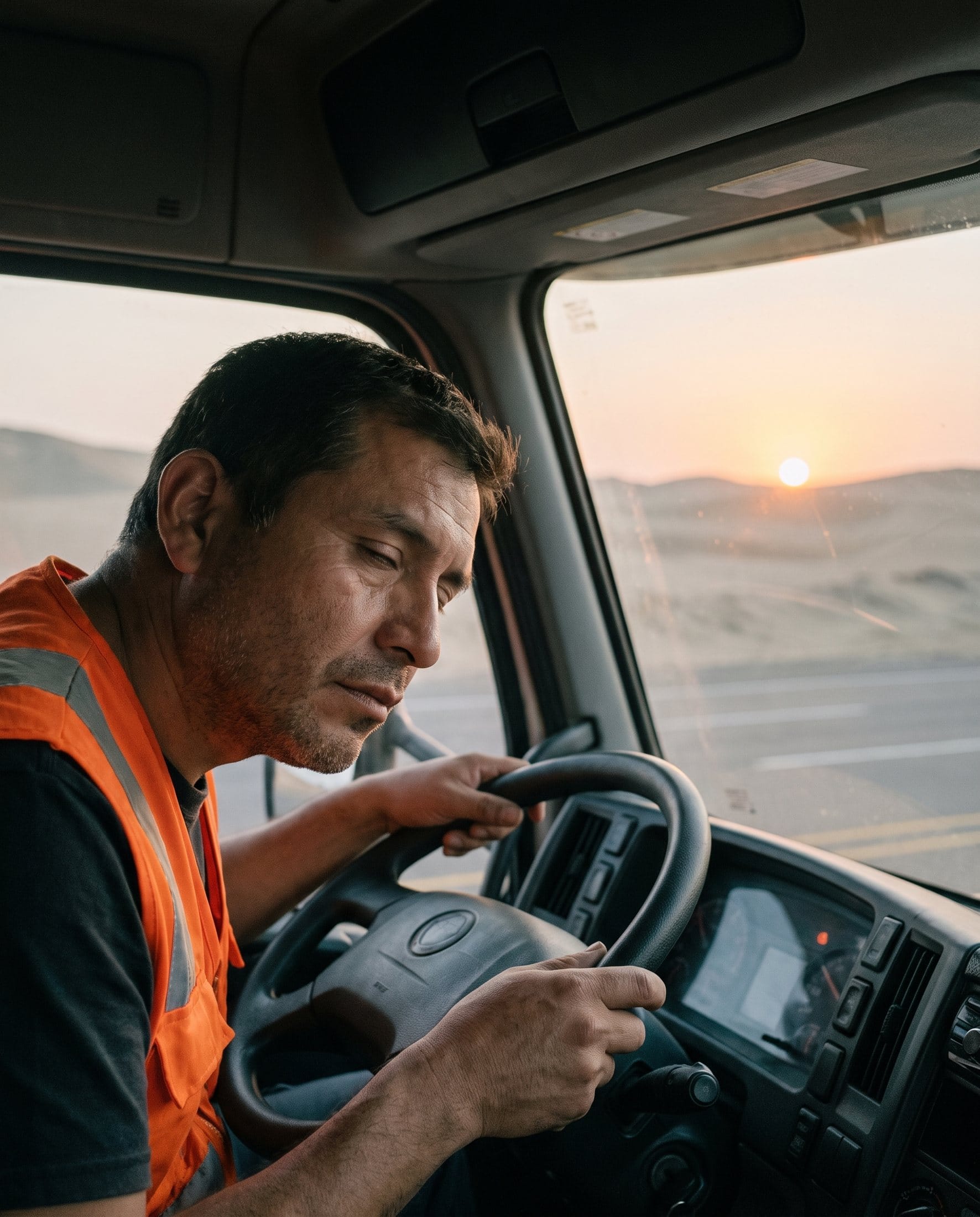 Truck driver showing signs of fatigue at dusk on the highway