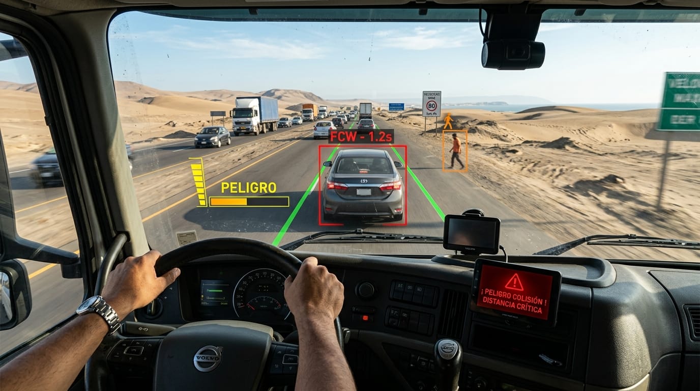 Sistema ADAS de prevención de colisiones detectando vehículo y peatón en carretera con alertas FCW y LDW
