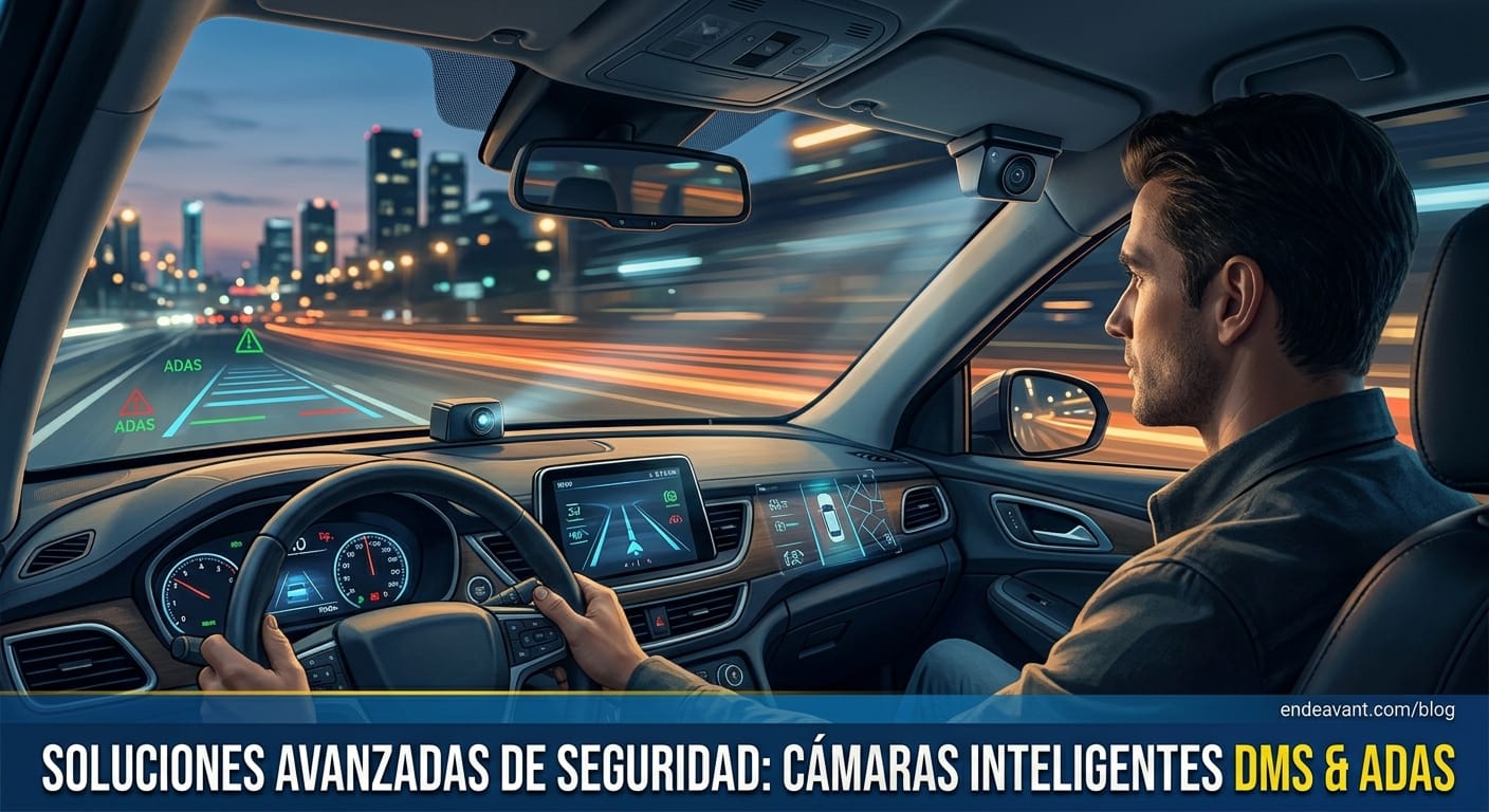Cámara inteligente DMS y ADAS instalada en cabina de vehículo detectando fatiga y distracción del conductor