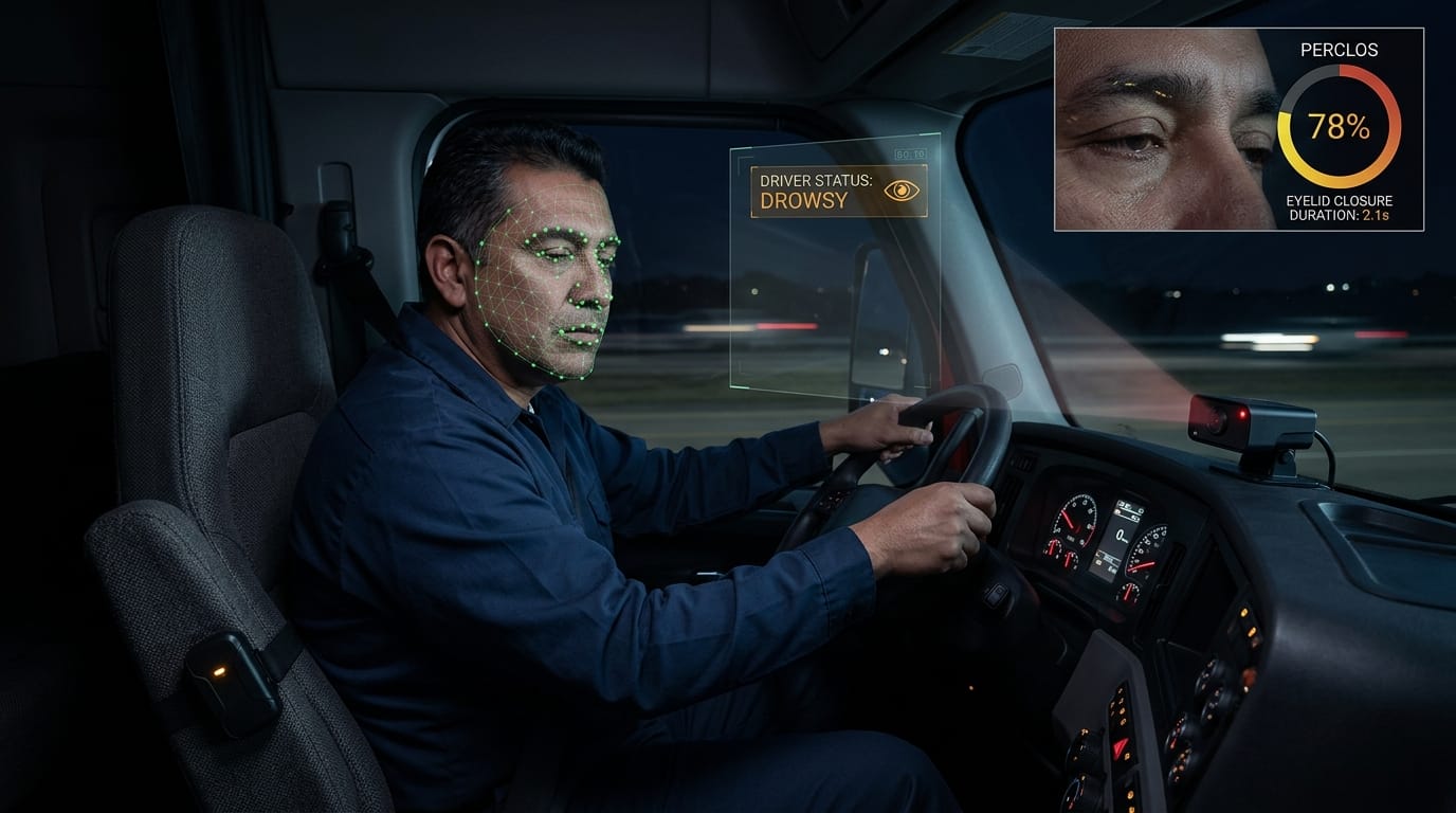 Sistema DMS de inteligencia artificial detectando fatiga en conductor mediante mapeo facial de 68 puntos