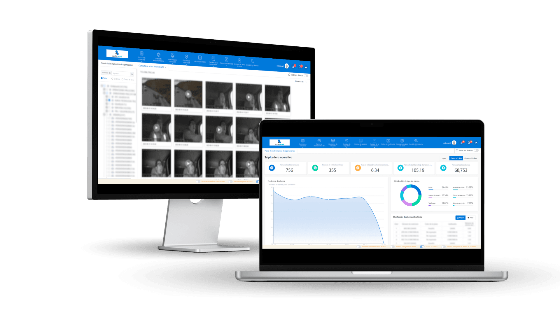 Plataforma Endeavant Cloud mostrando dashboard de monitoreo de alertas DMS y gestión de flota