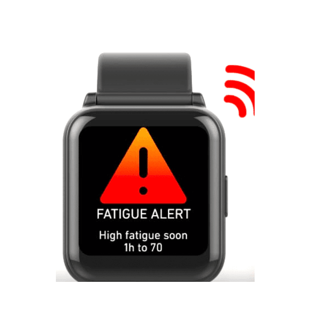 Reloj ReadiWatch mostrando una alerta de fatiga en pantalla